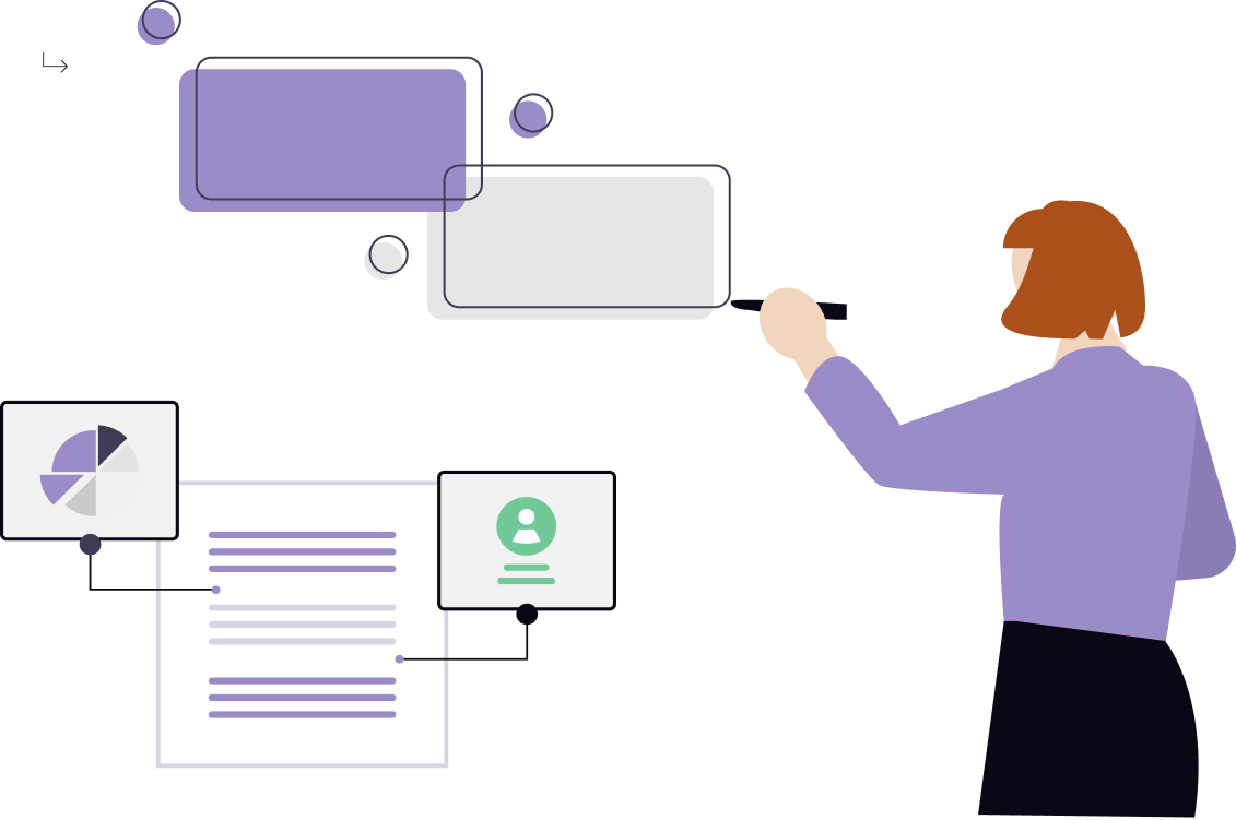 Illustration depicting a designer sketching user flows and referring to research materials